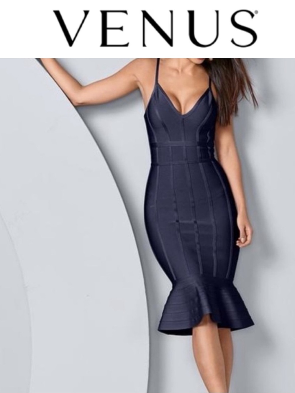 VENUS NAVY BLUE SLEEVELESS BANDAGE BODYCON RUFFLE HEM MIDI DRESS SIZE 2X